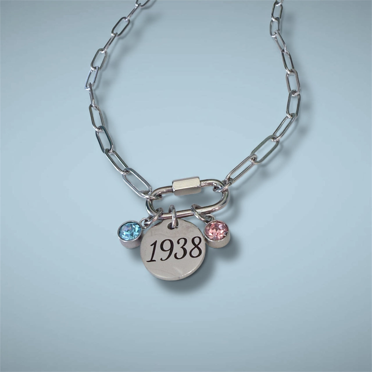 Stainless Steel Charm Necklace with Carabiner, Pink & Blue Charms, 1938 Engraved Charm, Paperclip Chain – Youth Leadership Inspired Jewelry