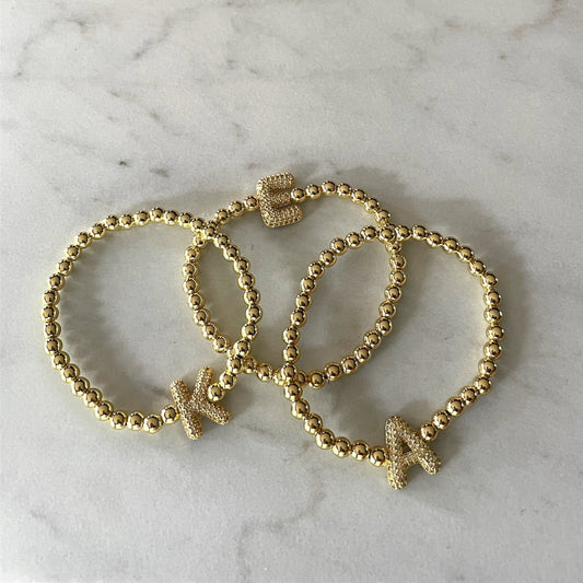 18K gold-filled beaded bracelet with custom pavé letter charm, perfect for stacking