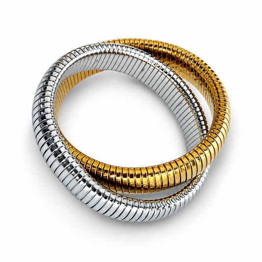 Interconnected Gold & Silver Stretch Bangle | Waterproof Stainless Steel Two-Tone Bracelet