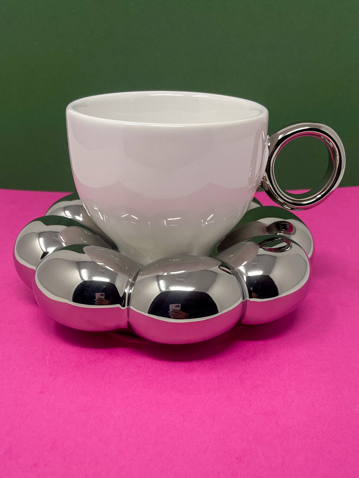 Silver Flower Mug and Saucer Set