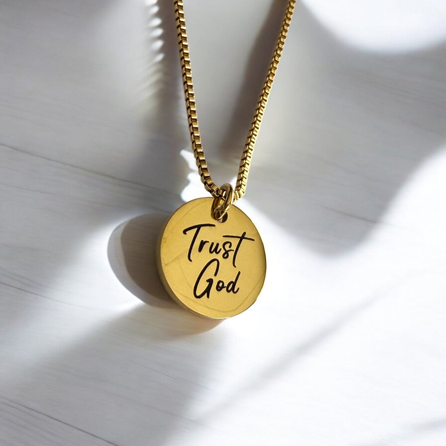 Trust God Engraved Gold Stainless Steel Necklace – Faith-Inspired Minimalist Jewelry