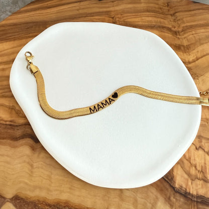 Mama Engraved Gold Stainless Steel Herringbone Bracelet – Elegant Minimalist Jewelry for Moms