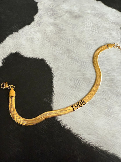 1908 Engraved Gold Stainless Steel Herringbone Bracelet – Elegant Stacking Jewelry AKA Gift