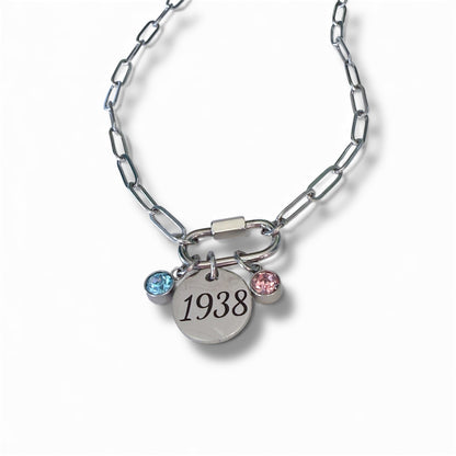 Stainless Steel Charm Necklace with Carabiner, Pink & Blue Charms, 1938 Engraved Charm, Paperclip Chain – Youth Leadership Inspired Jewelry