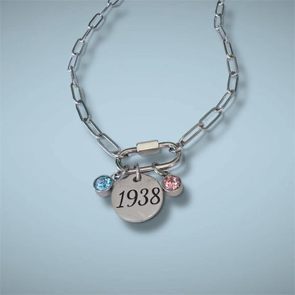 Stainless Steel Charm Necklace with Carabiner, Pink & Blue Charms, 1938 Engraved Charm, Paperclip Chain – Youth Leadership Inspired Jewelry