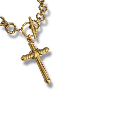 Gold Rope Chain Cross Statement Bracelet